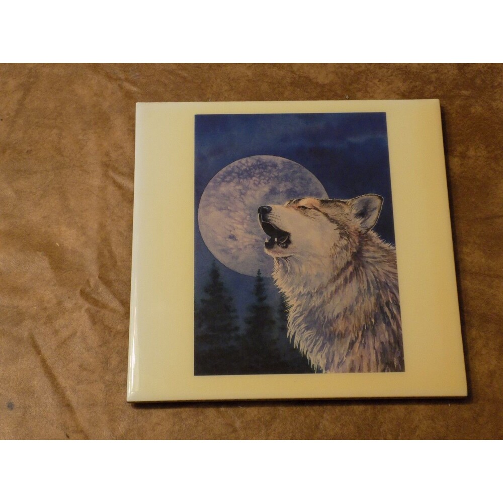 Sally J. Smith ~ "Midnight" Ceramic Art Tile Vintage Wolf Howling At The Moon